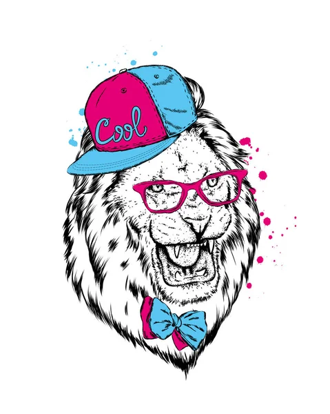 Hipster Cartel Impresión Tarjeta Felicitación Con Animales León Gorra Vasos — Vector de stock