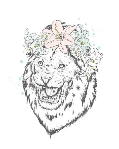 León Una Corona Flores Ilustración Vectorial — Vector de stock