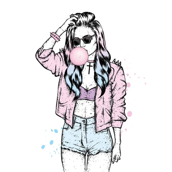 Beautiful Girl Long Hair Leather Jacket Thorns Shorts Vector Illustration Stock Vector