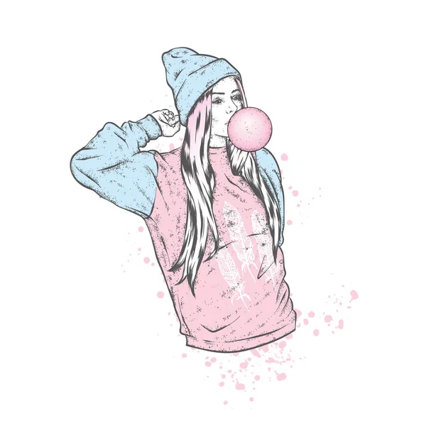 Beautiful Girl Long Hair Leather Jacket Thorns Shorts Vector Illustration Royalty Free Stock Vectors