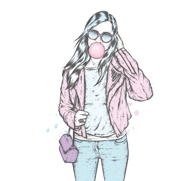 Beautiful Girl Long Hair Sunglasses Jacket Shirt Jeans Fashion Style Stock Vector