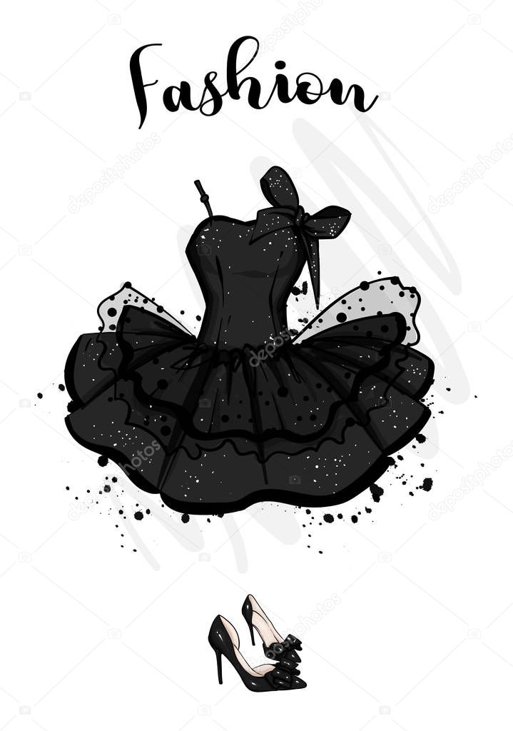 A set of fashionable women's clothing and accessories. Dress and shoes. Vector illustration. Fashion & Style.