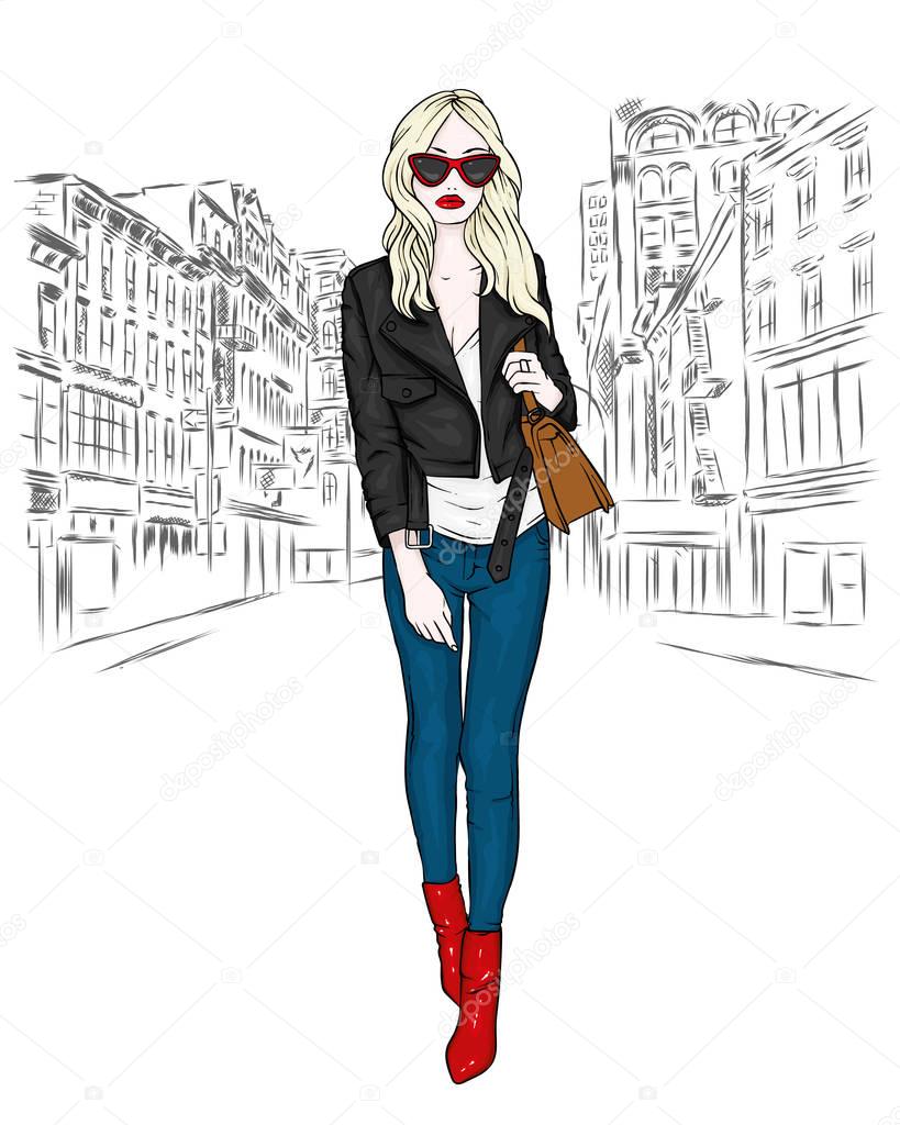 A beautiful girl in jeans, a blouse and in high-heeled shoes. A stylish woman with long hair and a bag. Fashion and style, clothing and accessories. The vector eps10.