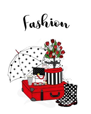 Şık çanta, kutuları, Ayakkabı ve aksesuarları, şemsiye ve Lale bir buket. Moda, stil ve alışveriş. Vektör çizim için tebrik kartı, elbiselere yazdırma.