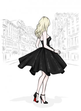 Güzel bir ince kız moda giysiler içinde uzun bacaklı. Bir model bir etek, üst ve yüksek topuklu ayakkabılar. Vektör çizim. Giyim, Aksesuar, moda ve stil.
