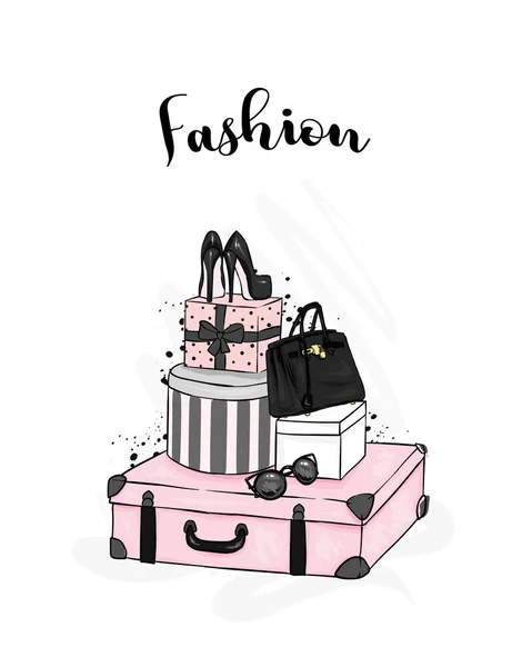 Elegante Maleta Cajas Zapatos Bolso Ropa Accesorios Moda Estilo Ilustración — Archivo Imágenes Vectoriales