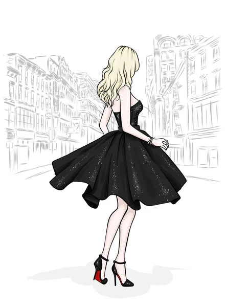Güzel bir ince kız moda giysiler içinde uzun bacaklı. Bir model bir etek, üst ve yüksek topuklu ayakkabılar. Vektör çizim. Giyim, Aksesuar, moda ve stil.