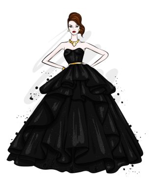 Güzel bir gece elbisesi içinde uzun boylu, ince bir kız. Moda ve stil. Vektör çizim.