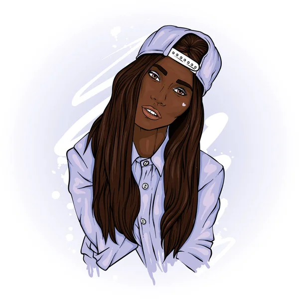 时髦的长发女孩在帽子 矢量插图 漂亮女孩 黑人妇女 — 图库矢量图片