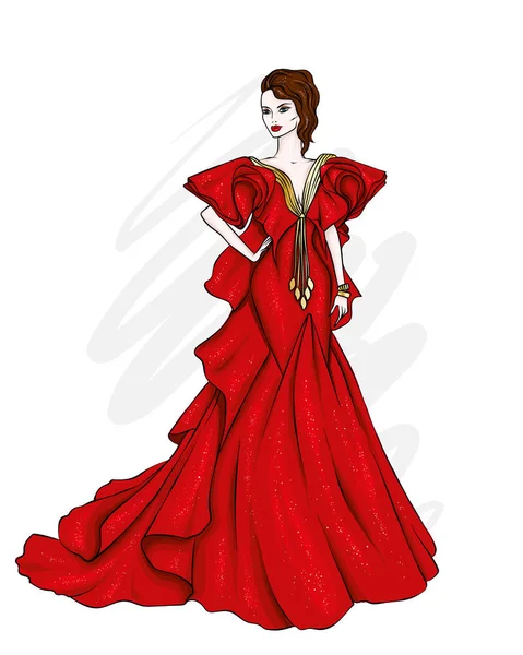 Tall Slender Girl Beautiful Evening Dress Fashion Style Vector Illustration — Stock Vector