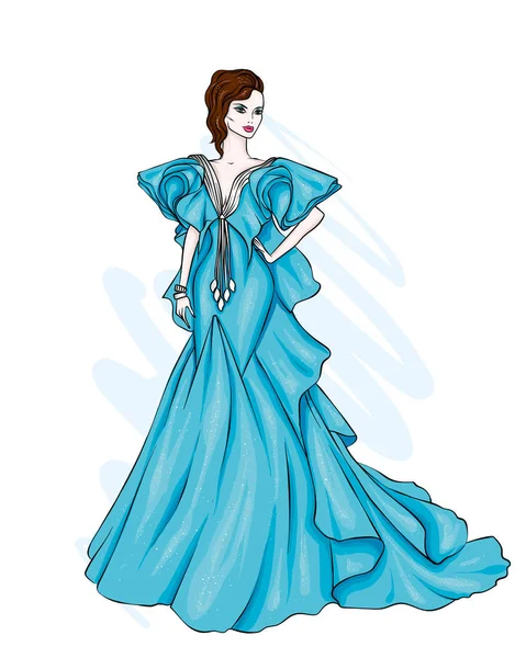 美しいイブニング ドレスの背の高い ほっそりした女の子 ファッション スタイル ベクトル図 — ストックベクタ