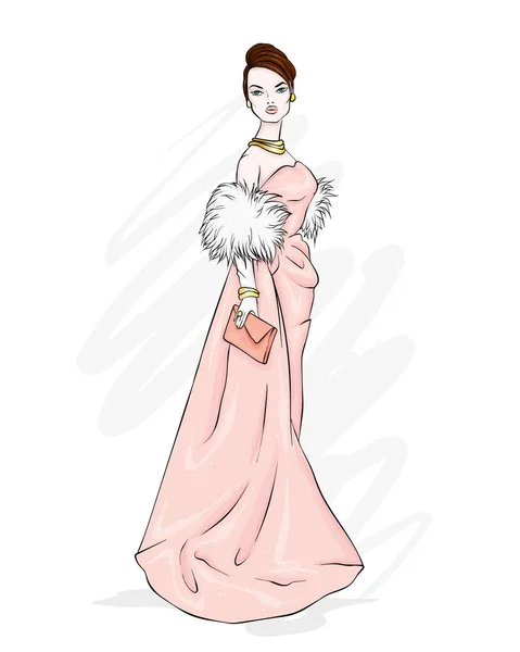 Una Chica Alta Delgada Con Hermoso Vestido Noche Moda Estilo — Archivo Imágenes Vectoriales
