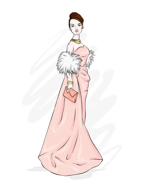 Una Chica Alta Delgada Con Hermoso Vestido Noche Moda Estilo — Vector de stock