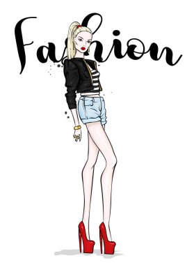 Uzun boylu ince kız kısa şort, ceket ve yüksek topuklu ayakkabılar. Güzel model şık giysiler içinde. Vektör çizim için bir kartpostal veya poster, giysiler için yazdırma.