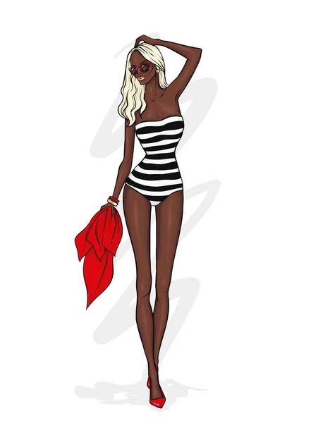 Wysoka Szczupła Dziewczyna Stylowy Strój Kąpielowy Ilustracja Wektorowa Moda Styl — Wektor stockowy