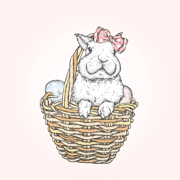 Lindo Conejito Lindo Una Cesta Con Huevos Pascua Ilustración Vectorial — Vector de stock