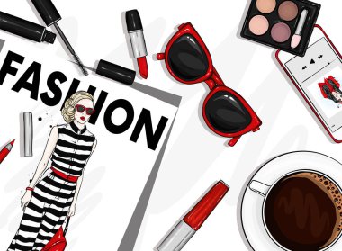 Şık aksesuarlar ve kozmetik kümesi. Moda dergisi, gözlük, ruj, gölgeler, maskara, smartphone ve bir fincan kahve. Vektör çizim için bir kartpostal veya bir poster. Moda ve stil.