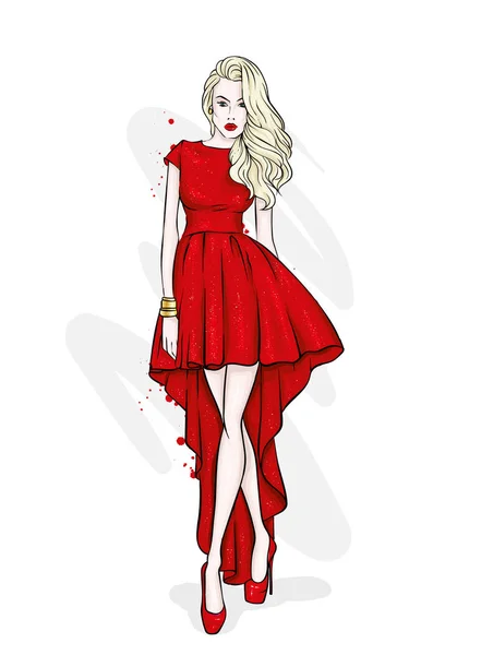 美しいイブニング ドレスの背の高い ほっそりした女の子 ファッション スタイル ベクトルの図 Eps — ストックベクタ
