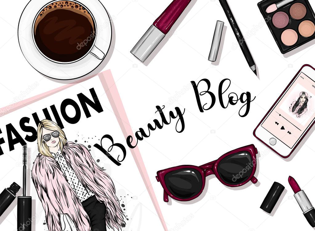 A set of stylish accessories and cosmetics. Fashion magazine, glasses, lipstick, shadows, mascara, smartphone and a cup of coffee. Vector illustration for a postcard or a poster. Fashion & Style.