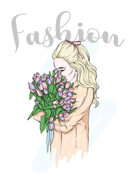 Hermosa Chica Abrigo Con Ramo Tulipanes Moda Femenina Flores Primavera — Vector de stock