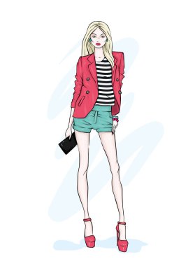 Uzun boylu ince kız şort, ceket ve yüksek topuklu ayakkabılar. Uzun bacaklı modeli. Moda, Stil, giyim ve aksesuarları. Vektör çizim.