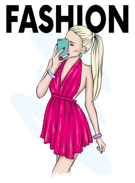 Dziewczyna Piękną Sukienkę Sprawia Selfie Smartfonem Moda Styl Ubrania Akcesoria — Wektor stockowy