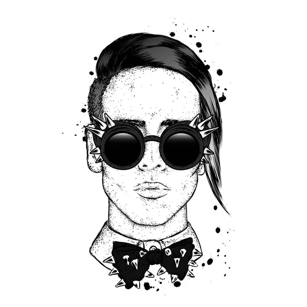 Tipo Guapo Con Gafas Una Corbata Con Espinas Retrato Chico — Vector de stock