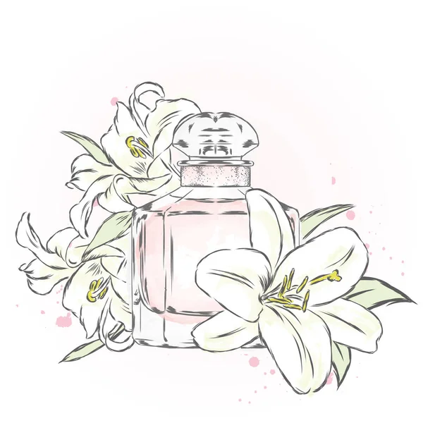 Botella Perfume Flores Vector — Vector de stock