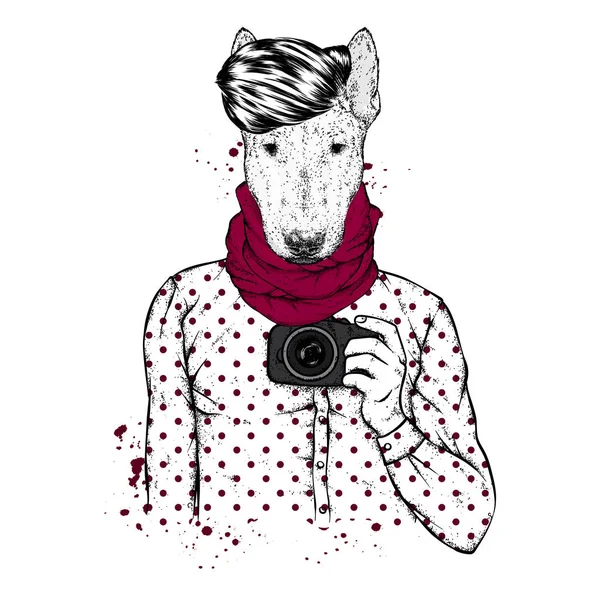 Hipster Dog Human Body Camera Animal Clothes Vector Illustration — Stock Vector