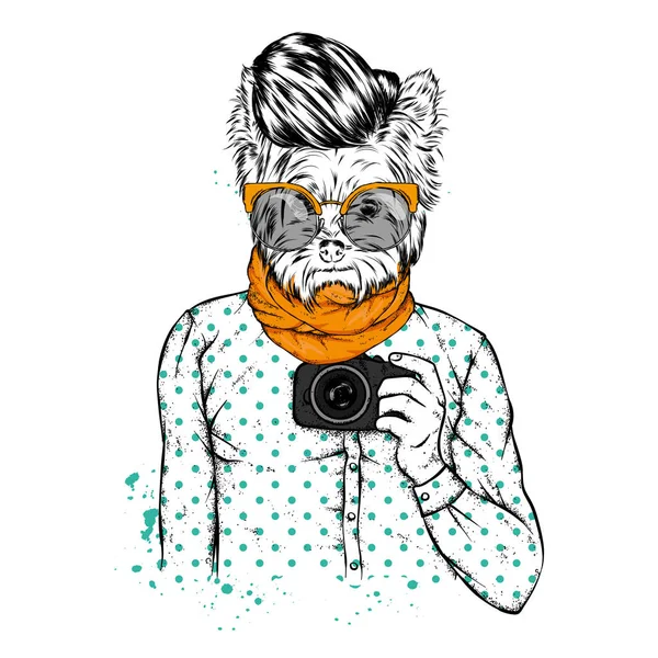 Hipster Σκυλί Ανθρώπινο Σώμα Και Φωτογραφική Μηχανή Ζώο Ρούχα Εικονογράφηση — Διανυσματικό Αρχείο