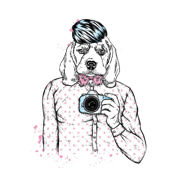 Hipster Dog Human Body Camera Animal Clothes Vector Illustration — Stock Vector