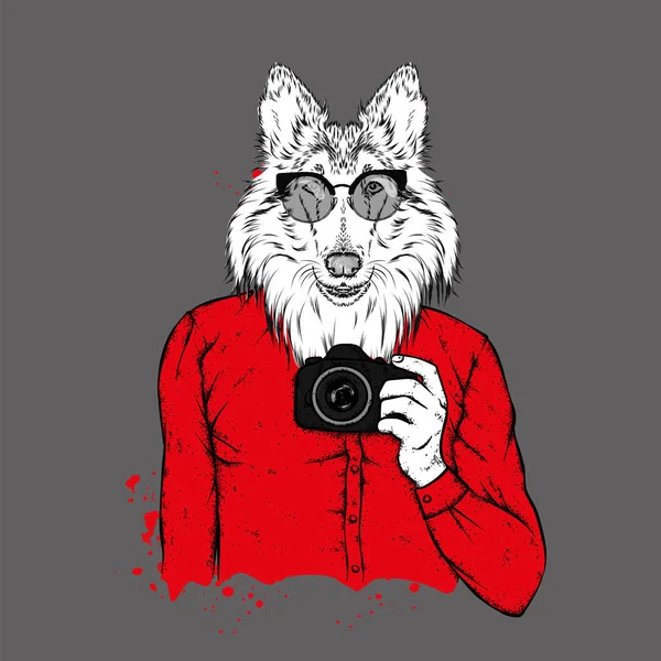 Hipster Perro Con Cuerpo Humano Cámara Animal Con Ropa Ilustración — Vector de stock