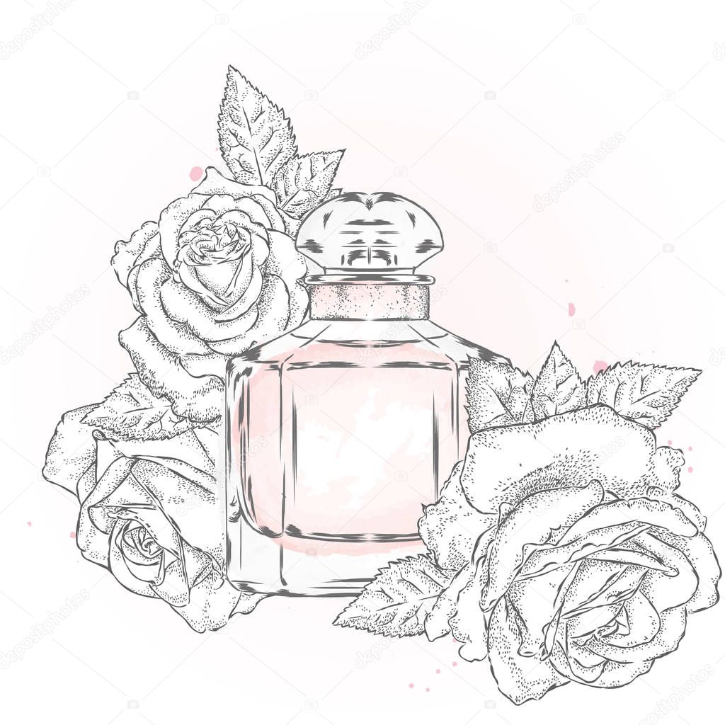 Perfume bottle and flowers. Vector .