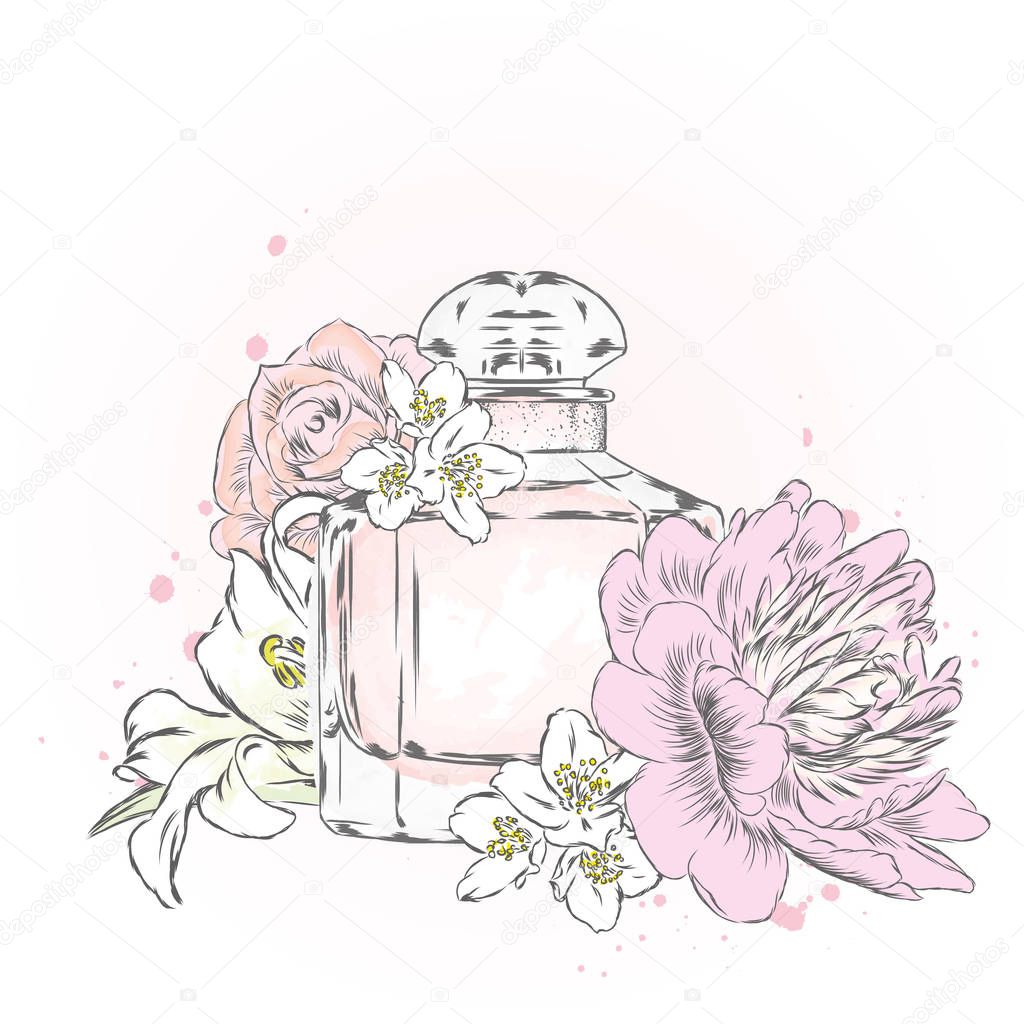 Perfume bottle and flowers. Vector .