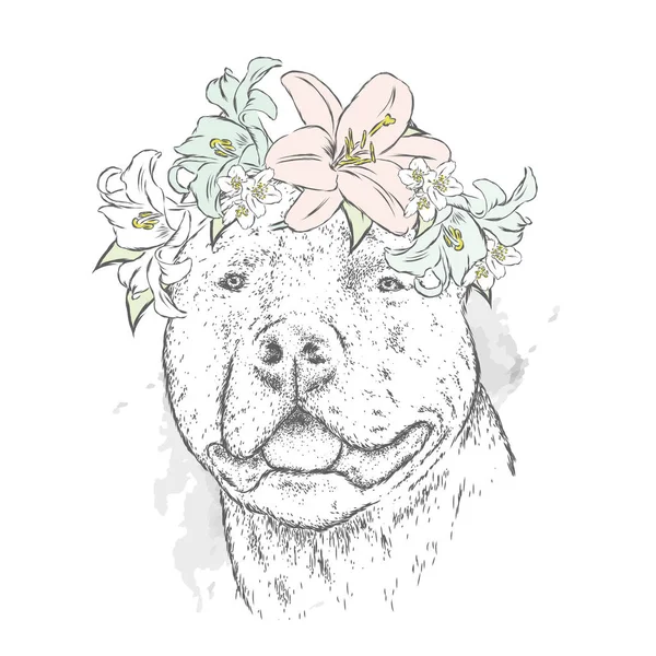 一只纯种的狗在花环上 矢量插图 — 图库矢量图片