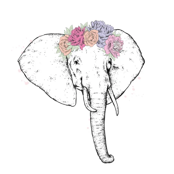 Egy Elefánt Egy Virág Koszorú Vektoros Illusztráció Vadon Élő Állatok — Stock Vector