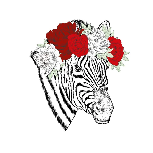 Een Zebra Een Krans Van Bloemen Vectorillustratie — Stockvector