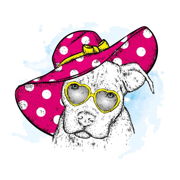 A beautiful dog with glasses and cap. Purebred puppy. French Bulldog. Vector illustration for a