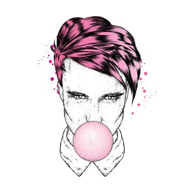 Yakışıklı bir adam bir kabarcık sakız darbeler. Bir kartı veya poster, elbiselere yazdırma için vektör çizim. Hipster.