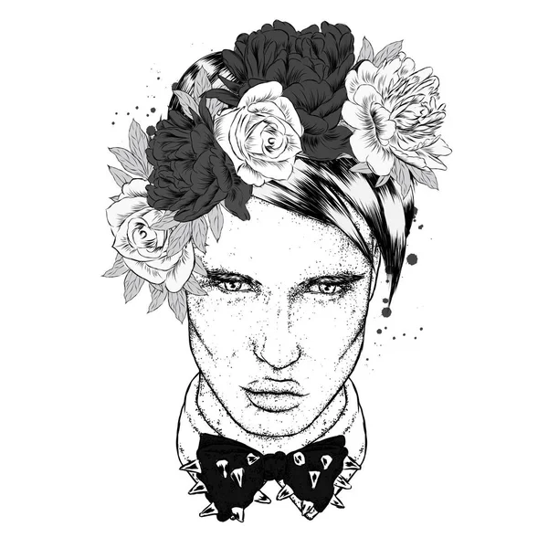ハンサムな男は 花の花輪です ベクトルの図 ファッション スタイル アクセサリー — ストックベクタ