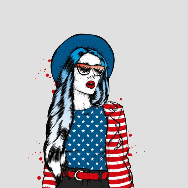 Hermosa Chica Sombrero Chaqueta Pantalones Cortos Ilustración Vectorial Moda Estilo — Vector de stock