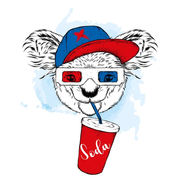 Koala Szemüveg Egy Pohár Szóda Vektoros Illusztráció — Stock Vector