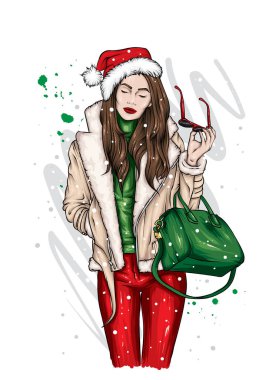 Şık kürklü, pantolonlu, şık eldivenli ve gözlüklü güzel bir kız. Uzun saçlı. Moda, tarz, kıyafetler ve aksesuarlar. Kış, yeni yıl ve Noel. Kürk. Vektör illüstrasyonu.