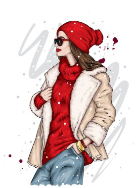 Şık kürklü, pantolonlu, şık eldivenli ve gözlüklü güzel bir kız. Uzun saçlı. Moda, tarz, kıyafetler ve aksesuarlar. Kış, yeni yıl ve Noel. Kürk. Vektör illüstrasyonu.