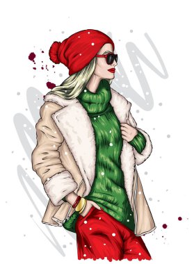 Şık kürklü, pantolonlu, şık eldivenli ve gözlüklü güzel bir kız. Uzun saçlı. Moda, tarz, kıyafetler ve aksesuarlar. Kış, yeni yıl ve Noel. Kürk. Vektör illüstrasyonu.