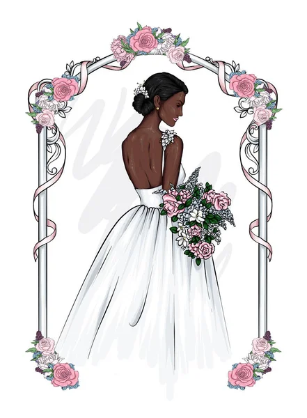 아름다운 드레스를 꽃다발을 아름다운 스타일 여성의 드레스 포스터 초대장을 결혼식 — 스톡 벡터