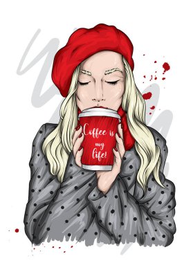 Bereli güzel bir kız elinde bir bardak kahve tutuyor. Yiyecek ve içecek, kahve ve çay. Moda ve tarz, kıyafetler ve aksesuarlar, kafe. Posta kartı ya da poster için vektör illüstrasyonu, yazdır. Kadın.