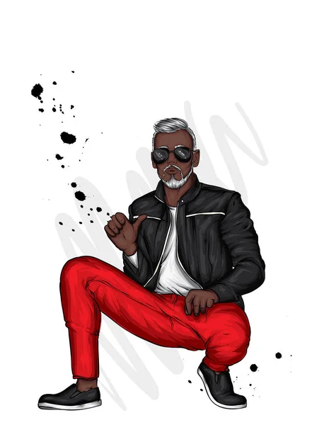 Gutaussehender Kerl Stylischer Kleidung Hipster Vektorillustration Lederjacke Jeans Und Sonnenbrille — Stockvektor