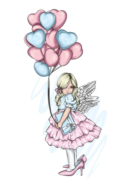 穿着裙子 戴着心形气球的漂亮小女孩 迷人的宝贝 情人节 亲爱的 丘比特 明信片或海报的矢量插图 衣服的印刷品 — 图库矢量图片