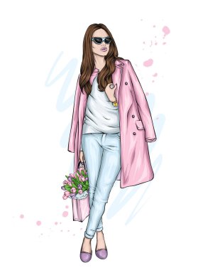 Palto ve pantolon içinde bir buket lale ile güzel bir kız. Moda, tarz, kıyafetler ve aksesuarlar. Çiçekler ve bahar. Uzun saçlı bir kadın. Bir kart veya poster için vektör illüstrasyonu.
